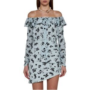 Alessandra Rich Off-The-Shoulder Rose Printed Silk Mini Dress